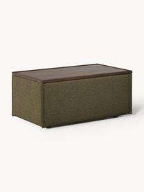 Sofa-Hocker Lennon aus Bouclé mit Stauraum, Bezug: Bouclé (80 % Polyester, 2, Tablett: Eichenholz, Spannplatte m, Gestell: Spanplatte, mitteldichte , Bouclé Olivgrün, dunkles Eichenholz, B 88 x T 50 cm