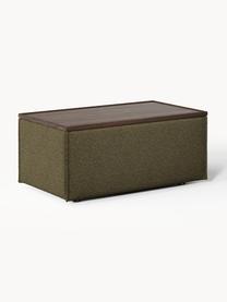 Sofa-Hocker Lennon aus Bouclé mit Stauraum, Bezug: Bouclé (80 % Polyester, 2, Tablett: Eichenholz, Spannplatte m, Gestell: Spanplatte, mitteldichte , Bouclé Olivgrün, dunkles Eichenholz, B 88 x T 50 cm