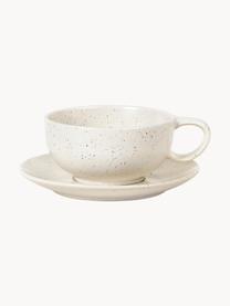 Handgemachte Tasse mit Untertasse Nordic Vanilla, Steingut, Off White, gesprenkelt, Ø 11 x H 5 cm, 250 ml