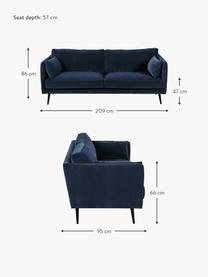 Samt-Sofa Paola (3-Sitzer) mit Holz-Füssen, Bezug: Samt (Polyester) Der stra, Gestell: Massives Fichtenholz, Spa, Samt Dunkelblau, B 209 x T 95 cm