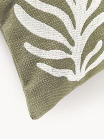 Funda de cojín para exterior con adorno decorativo Aryna, 100% lino con certificado European Flax, Verde oliva, beige claro, An 45 x L 45 cm