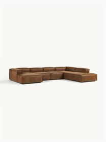 Modulaire woonlandschap Lennon van gerecycled leer, Bekleding: gerecycled leer (70% leer, Frame: massief hout, multiplex, Poten: kunststof, Leer bruin, B 418 x D 269 cm, hoekdeel rechts