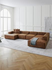 Sofa modułowa ze skóry z recyklingu Lennon, Tapicerka: skóra z recyklingu (70% s, Stelaż: lite drewno, sklejka, Nogi: tworzywo sztuczne Ten pro, Brązowa skóra, S 418 x G 269 cm, prawostronna