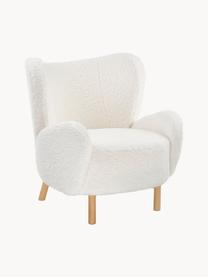 Teddy-Ohrensessel Kalia, Bezug: Teddyfell (100 % Polyeste, Beine: Buchenholz, Gestell: Metall, Teddy Cremeweiss, Helles Buchenholz, B 78 x T 80 cm