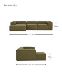 Sofá rinconera modular Lennon, Tapizado: 100% poliéster Alta resis, Estructura: madera contrachapada de p, Patas: plástico, Tejido verde oliva, An 327 x F 180 cm, chaise longue izquierda