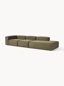 Chaise longue XL componibile Lennon, Rivestimento: 100% poliestere Con 115.0, Struttura: legno di pino massiccio, , Piedini: plastica Questo prodotto , Tessuto verde oliva, Larg. 357 x Prof. 119 cm, schienale a destra