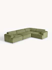 Grand canapé d'angle 4 places en velours côtelé Melva, Velours côtelé vert olive, larg. 339 x prof. 220 cm, dossier à droite