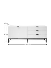 Wit dressoir Kobe met lades, Frame en voorzijde: semi-mat wit. Poten en handvatten: zwart, 180 x 80 cm