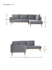 Fluwelen hoekbank Saint (3-zits) in grijs met eikenhouten poten, Bekleding: fluweel (polyester) De sl, Frame: massief eikenhout, spaanp, Fluweel grijs, B 243 x D 220 cm