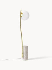 Kleine vloerlamp Cora met terrazzo voet, Lampenkap: glas, Frame: gecoat staal, Lampvoet: terrazzo, Wit, goudkleurig, terrazzo look, H 127 cm