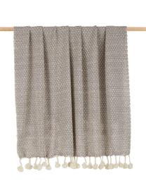 Plaid con pompon Lilano, 100% cotone, Beige, grigio, Larg. 130 x Lung. 150 cm