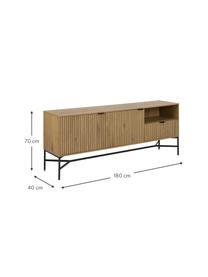 Holz-Sideboard Jaipur mit geriffelter Front, Korpus: Mitteldichte Holzfaserpla, Beine: Metall, pulverbeschichtet, Griffe: Metall, pulverbeschichtet, Holz, Schwarz, B 180 x H 70 cm
