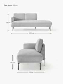 Chaise longue Fluente, Bekleding: 100% polyester Met 80.000, Frame: massief grenenhout, berke, Poten: metaal, gepoedercoat Dit , Geweven stof lichtgrijs, B 202 x D 85 cm, rugleuning links