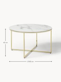 Runder Couchtisch Antigua mit Glasplatte in Marmor-Optik, Tischplatte: Glas, matt bedruckt, Gestell: Metall, vermessingt, Marmor-Optik Weiß, Goldfarben, Ø 80 cm