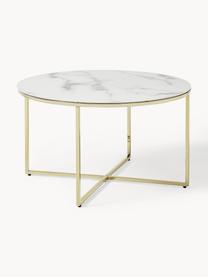 Mesa de centro redonda con tablero de vidrio en look mármol Antigua, Tablero: vidrio estampado en efect, Estructura: metal, latón, Aspecto mármol blanco, dorado brillante, Ø 80 cm