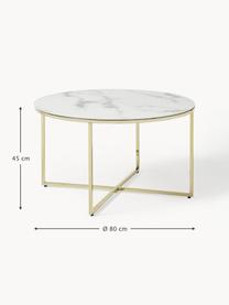 Runder Couchtisch Antigua mit Glasplatte in Marmor-Optik, Tischplatte: Glas, matt bedruckt, Gestell: Metall, vermessingt, Marmor-Optik Weiß, Goldfarben glänzend, Ø 80 cm