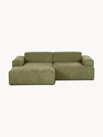 Sofa narożna ze sztruksu Melva (3-osobowa), Tapicerka: sztruks (92% poliester, 8, Stelaż: lite drewno sosnowe, cert, Nogi: tworzywo sztuczne, Oliwkowozielony sztruks, S 239 x G 143 cm, prawostronna