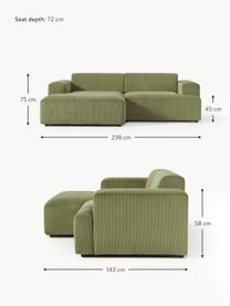 Sofá rinconera de pana Melva (3 plazas), Tapizado: pana (92% poliéster, 8% p, Estructura: madera de pino maciza, ce, Patas: plástico, Pana verde oliva, An 239 x F 143 cm, chaise longue izquierda