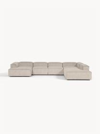 Sofa modułowa ze sztruksu Lennon, Tapicerka: sztruks (92% poliester, 8, Stelaż: lite drewno, sklejka, Nogi: tworzywo sztuczne, Jasnobeżowy sztruks, S 418 x G 269 cm, prawostronna