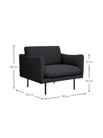 Fauteuil Moby in donkergrijs met metalen poten, Bekleding: polyester De hoogwaardige, Frame: massief grenenhout, Poten: gepoedercoat metaal, Geweven stof donkergrijs, B 90 x D 90 cm