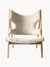 Fauteuil lounge en tissu peluche Knitting, Peau de mouton blanc cassé, bois de chêne, larg. 71 x prof. 67 cm