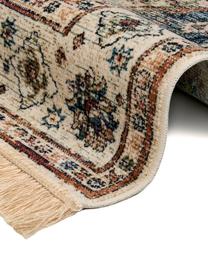 Tappeto vintage in viscosa beige/blu con frange Jasmine, 60% viscosa, 40% cotone, Beige, blu denim, multicolore, Larg. 95 x Lung. 140 cm (taglia XS)