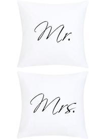 Kissenhüllen Mr&Mrs mit Schriftzug, 2er-Set, Webart: Panama, Weiß, Schwarz, 40 x 40 cm