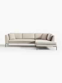 Sofa narożna z metalowymi nogami Emma, Tapicerka: poliester, Stelaż: lite drewno sosnowe z cer, Nogi: metal malowany proszkowo, Jasnobeżowa tkanina, S 302 x G 220 cm, lewostronna