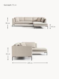 Sofa narożna z metalowymi nogami Emma, Tapicerka: poliester, Stelaż: lite drewno sosnowe z cer, Nogi: metal malowany proszkowo, Jasnobeżowa tkanina, S 302 x G 220 cm, lewostronna