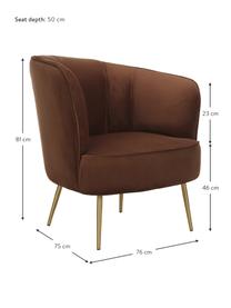 Fluwelen fauteuil Louise in bruin, Bekleding: fluweel (polyester), Poten: gecoat metaal, Fluweel bruin, B 76 x D 75 cm