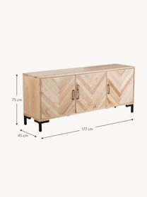 Dressoir Leif van massief essenhout, Frame: massief essenhout, gelakt, Handvatten: gecoat metaal, Poten: gepoedercoat metaal, Essenhout, zilverkleurig, B 177 x H 75 cm