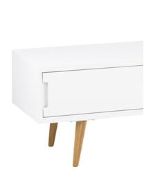 Mobile TV bianco lucido Cassie, Gambe: legno di frassino massicc, Ripiano: vetro, Bianco, marrone, Larg. 180 x Alt. 46 cm