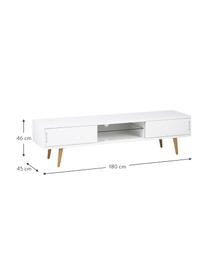 Tv-meubel Cassie in wit hoogglans, Poten: massief en geolied essenh, Plank: glas, Wit, bruin, 180 x 46 cm