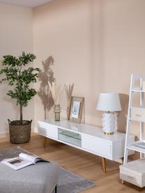 Tv-meubel Cassie in wit hoogglans, Poten: massief en geolied essenh, Plank: glas, Wit, bruin, 180 x 46 cm