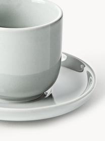 Tazas de café expresso con platitos de porcelana Nessa, 4 uds., Porcelana dura de alta calidad, Gris claro brillante, Ø 7 x Al 6 cm, 90 ml