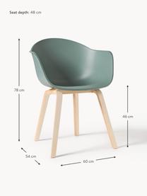 Silla con reposabrazos de plástico Claire, Asiento: plástico, Patas: madera con chapado en mad, Verde salvia, madera de haya, An 60 x F 54 cm