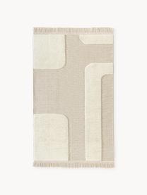 Handgewebter Teppich Laine mit Hoch-Tief-Muster und Fransen, 57 % Wolle (RWS-zertifiziert), 35 % Jute, 8 % Baumwolle, Beige, Cremeweiß, B 160 x L 230 cm (Größe M)