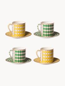Súprava šálok na espresso s podšálkami Chess, 4 diely, Glazúrovaný porcelán, Žltá, zelená, lomená biela, Ø 6 x V 6 cm, 100 ml