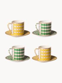 Tazzine caffè con piattini Chess 4 pz, Porcellana smaltata, Giallo, verde, bianco latte, Ø 6 x Alt. 6 cm, 100 ml