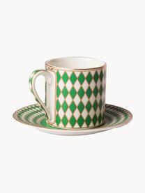 Tazzine caffè con piattini Chess 4 pz, Porcellana smaltata, Giallo, verde, bianco latte, Ø 6 x Alt. 6 cm, 100 ml