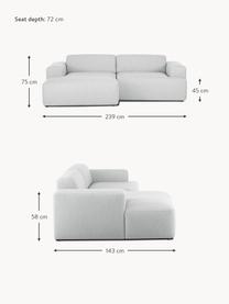 Divano angolare 3 posti Melva, Rivestimento: 100% poliestre Il rivesti, Struttura: pino massiccio, certifica, Tessuto grigio chiaro, Larg. 239 x Alt. 143 cm, chaise-longue a destra