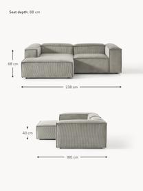 Canapé d'angle modulable en velours côtelé Lennon, Velours côtelé gris, larg. 238 x prof. 180 cm, méridienne à gauche