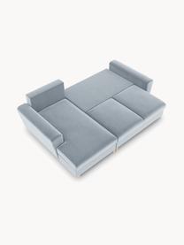 Sofá rinconera cama de terciopelo Moghan (3 plazas), con espacio de almacenamiento, Tapizado: 100% terciopelo de poliés, Estructura: madera de pino maciza, ag, Patas: metal revestido, Terciopelo azul claro, patas latón, An 241 x F 145 cm, chaise longue derecha