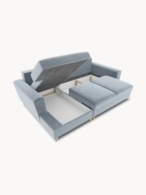 Sofá rinconera cama de terciopelo Moghan (3 plazas), con espacio de almacenamiento, Tapizado: 100% terciopelo de poliés, Estructura: madera de pino maciza, ag, Patas: metal revestido, Terciopelo azul claro, patas latón, An 241 x F 145 cm, chaise longue derecha