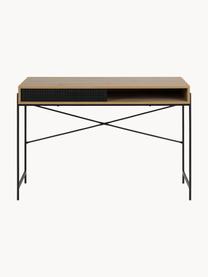 Smal bureau Angus met opbergruimte, Tafelblad: MDF met wild eiken fineer, Frame: gecoat metaal, Eikenhout, zwart, B 110 x H 50 cm