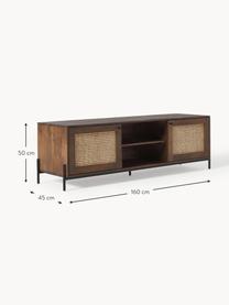 Tv-meubel Vienna met Weens vlechtwerk, Frame: massief mangohout, Poten: gepoedercoat metaal, Mangohout, B 160 x H 50 cm