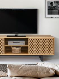 Tv-meubel Camden met deuren en eikenhoutfineer, Poten: berkenhout, gelakt, Eikenhout, zwart, B 150 x H 50 cm