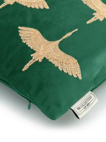 Poduszka z aksamitu z haftem i wypełnieniem Crane, Aksamit poliestrowy, Zielony, odcienie złotego, S 45 x D 45 cm