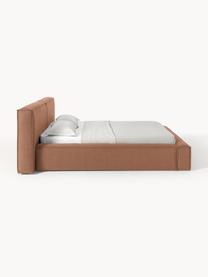 Gestoffeerd bed Lennon met opbergfunctie, Bekleding: 100 % polyester Met 115.0, Frame: massief grenenhout, FSC-g, Poten: hout, FSC-gecertificeerd,, Geweven stof nougatkleurig, B 268 x D 243 cm (ligvlak 200 x 200 cm)