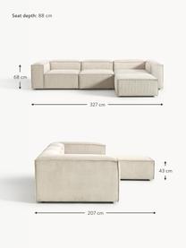 Modulares Sofa Lennon (4-Sitzer) aus Cord mit Hocker, Bezug: Cord (92 % Polyester, 8 %, Gestell: Massives Kiefernholz, Spe, Füße: Kunststoff Dieses Produkt, Cord Hellbeige, B 327 x T 207 cm